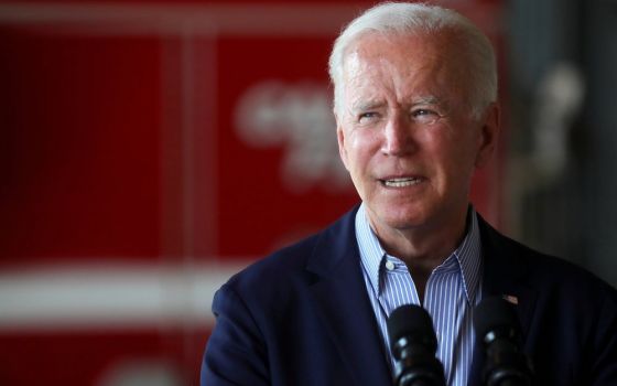 President Joe Biden gives remarks at Mather Airport Sept. 13 near Sacramento, California. (CNS/Reuters/Leah Millis)