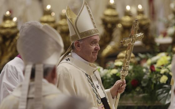 Pope Francis walks in procession during the ordination Mass for two new bishops in St. Peter's Basilica at the Vatican Oct. 17, 2021. (CNS photo/Romano Siciliani, pool)