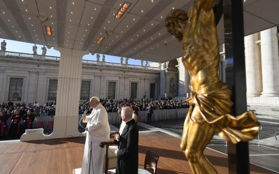 Pope Francis begins his weekly general audience with a prayer Nov. 23, 2022, in St. Peter's Square