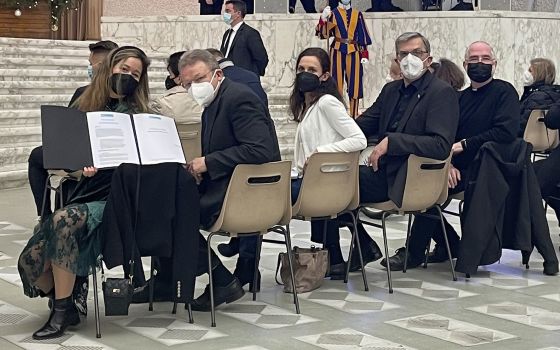 A group of pilgrims who presented a "Faith Manifesto" to Pope Francis are pictured during the pope's general audience at the Vatican Jan. 5, 2022. (CNS photo/courtesy Initiative Neuer Anfang)