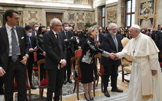 Pope Francis leads an audience with a delegation from the Agenzia delle Entrate, Italy's governmental tax agency, at the Vatican Jan. 31, 2022. (CNS photo/Vatican Media)