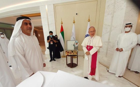 Archbishop Edgar Peña Parra, substitute secretary for general affairs in the Vatican Secretariat of State, participates in the inauguration of the new apostolic nunciature in Abu Dhabi, United Arab Emirates, Feb. 4, 2022. (CNS photo/Vatican Media)