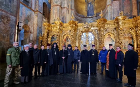 Religious leaders gather at St. Sophia Cathedral in Kyiv, Ukraine, March 2, 2022, to pray for peace, despite the city being shelled with Russian rockets. (CNS photo/risu.ua)