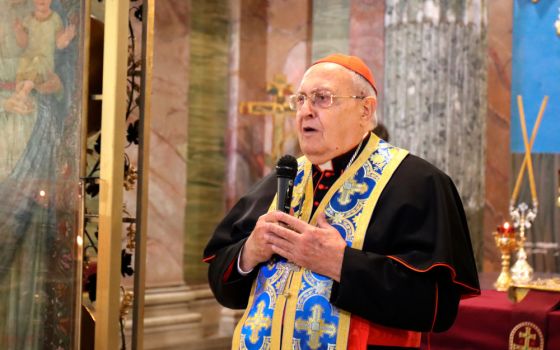 Cardinal Leonardo Sandri, prefect of the Congregation for Eastern Churches, prays for peace in Ukraine during a prayer service in Rome March 2, 2022. (CNS/Rostyslav Hadada, Ukrainian Catholic Excharate of Italy)