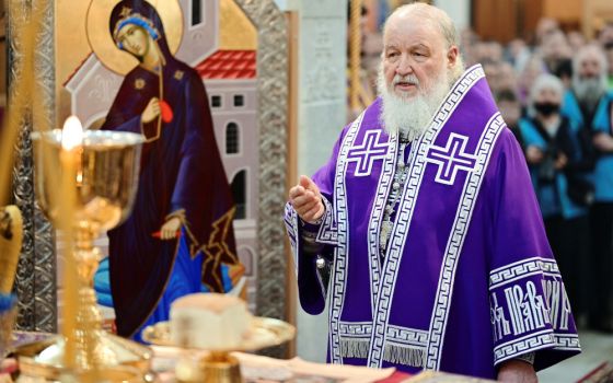 Russian Orthodox Patriarch Kirill of Moscow leads a cathedral consecration service in Moscow April 10, 2022. (CNS/Patriarchal Press Service handout via Reuters/Oleg Varaov)