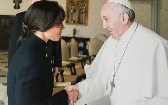 Pope Francis meets Argentine theologian Emilce Cuda at the Vatican in this March 17, 2017, file photo. (CNS/Vatican Media)