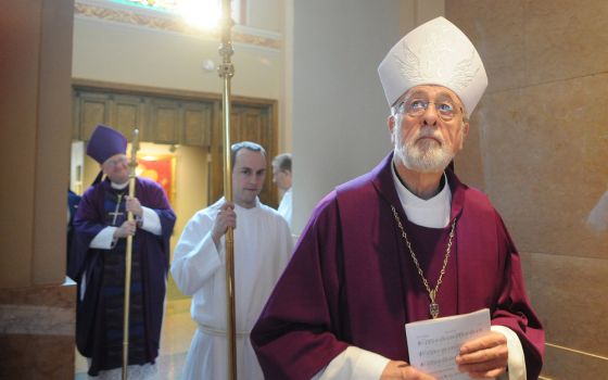 Retired Archbishop Rembert Weakland of Milwaukee enters St. John the Evangelist Cathedral in Milwaukee March 29, 2009. (CNS photo/Sam Lucero)