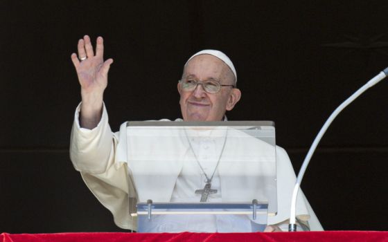 Pope Francis greets the crowd as he leads the Angelus from the window of his studio overlooking St. Peter's Square at the Vatican