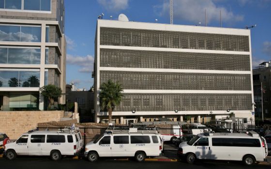  Israeli police vans parked in front of the British Embassy to Israel in Tel Aviv