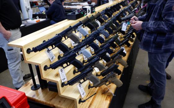 Rows and rows of guns are displayed on shelves. The body of a potential gun buyer is visible.