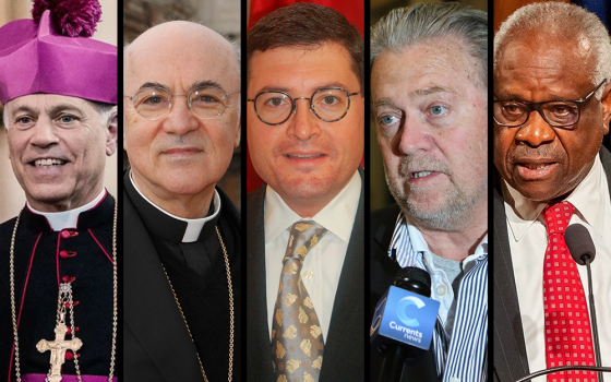 From left: San Francisco Archbishop Salvatore Cordileone; Archbishop Carlo Maria Viganò; Leonard Leo; Steve Bannon; and U.S. Supreme Court Justice Clarence Thomas (credit TK)