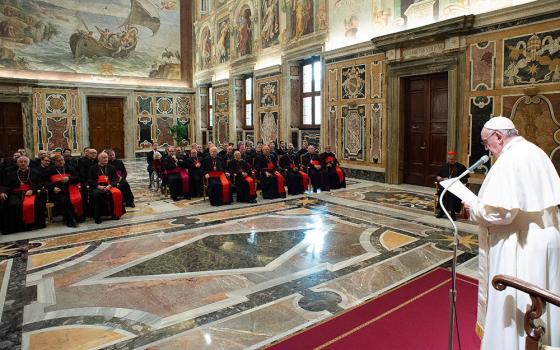 Pope Francis speaks to members of the Congregation for the Doctrine of the Faith Jan. 30, 2020, at the Vatican. The pope told the members, who were holding their annual plenary meeting, that Catholic doctrine is faithful to tradition, but develops and deepens over time. (CNS/Vatican Media)