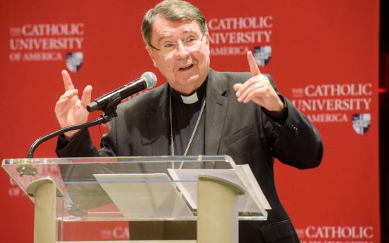 Cardinal-designate Christophe Pierre, apostolic nuncio to the United States, gives the annual Cardinal Darden Lecture at The Catholic University of America in Washington April 26, 2023. Pope Francis will elevate Cardinal-designate Pierre to the College of Cardinals during a consistory at the Vatican Sept. 30. (OSV News photo/Patrick Ryan, The Catholic University of America)