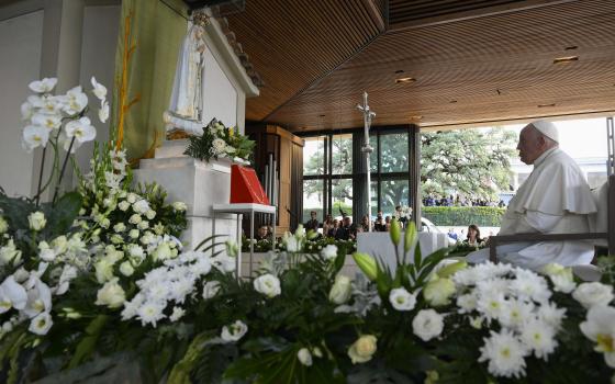 Pope Francis prays the rosary in the Chapel of the Apparitions at the Shrine of Our Lady of Fátima in Fátima, Portugal, Aug. 5, 2023. (CNS photo/Vatican Media)