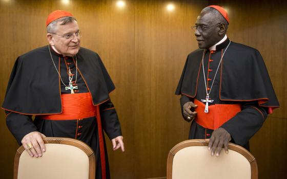 Cardinal Raymond Leo Burke, left, talks with Cardinal Robert Sarah in Rome, Oct. 14, 2015. (AP/Andrew Medichini, File)