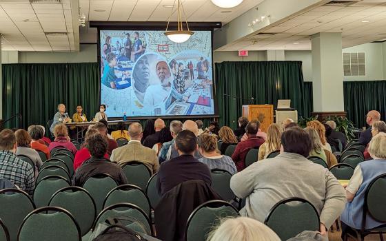 Rita Hollie, Rashonda Alexander and Dr. Kelly Schmidt present at the inaugural Catholic Religious Organizations Studying Slavery (CROSS) Conference in St. Louis Oct. 31. (Black Catholic Messenger/Nate Tinner-Williams)