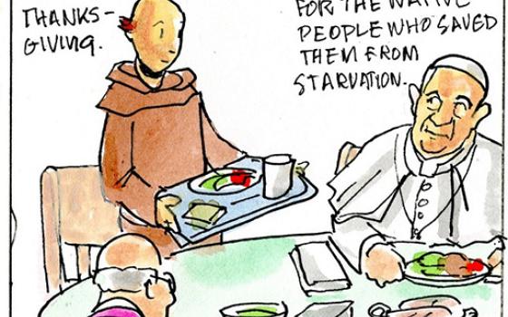 Francis, the comic strip: Brother Leo and Francis discuss the complicated history of America's holiday.