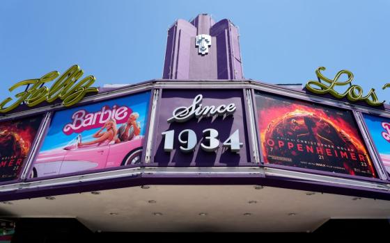 The marquee of the Los Feliz Theatre features the films "Barbie" and "Oppenheimer," on July 28 in Los Angeles. The films both premiered the same weekend. (AP/Chris Pizzello, file)