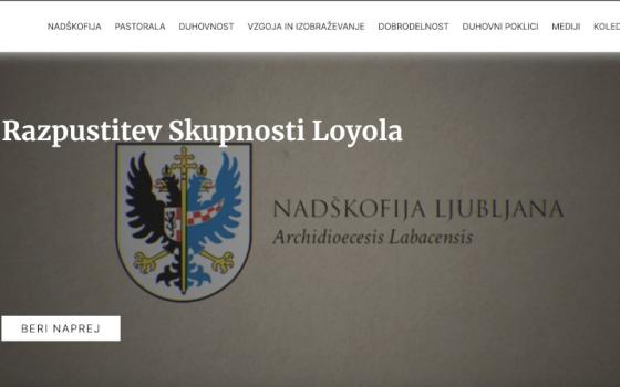 A website is visible with a crest and the words "Razpustitev Skupnosti Loyola"