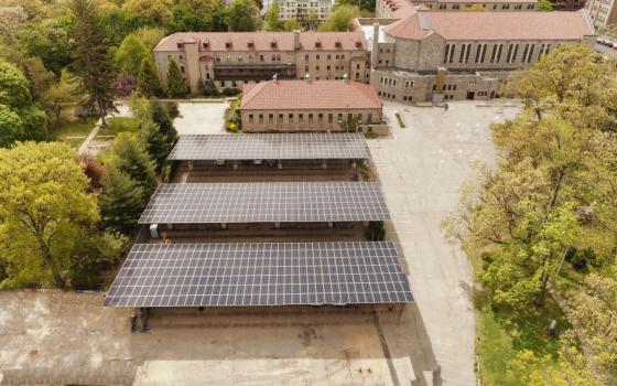 An aerial view taken in 2023 shows solar panels installed by Mission Energy at the Passionists' provincial office at Immaculate Conception Monastery in the New York borough of Queens. Mission Energy manages the Catholic Energies program, an initiative of the Washington-based Catholic Climate Covenant, which helps Catholic facility owners with starting solar energy projects. (OSV News photo/courtesy Mission Energy)