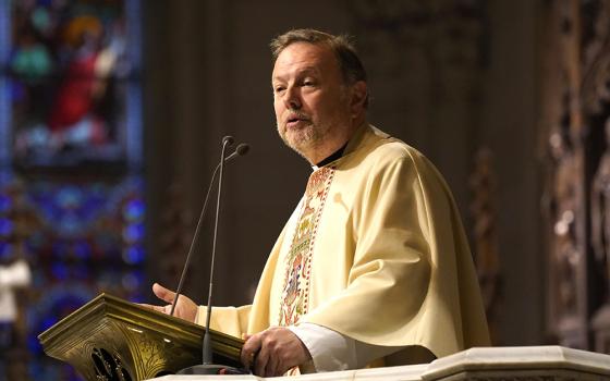 Msgr. Kieran Harrington, then national director of the Pontifical Mission Societies USA, delivers the homily during the St. Patrick's Day Mass March 17, 2023, at St. Patrick's Cathedral in New York City. The Diocese of Brooklyn, New York, announced Feb. 13, 2024, that Harrington resigned his post as national director after an allegation against him of "inappropriate conduct with an adult" was substantiated. (OSV News/Gregory A. Shemitz)