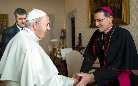 Bishop shakes hands with pope.