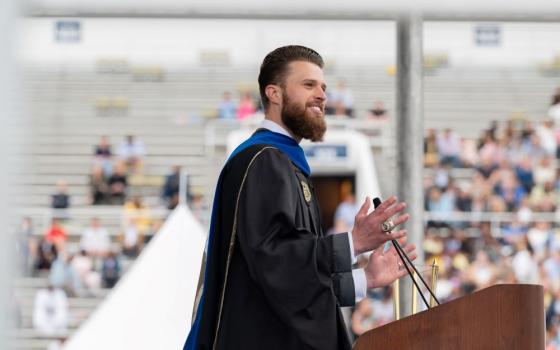 Kansas City Chiefs kicker Harrison Butker addresses the 2023 graduating class at Georgia Institute of Technology's commencement ceremonies.