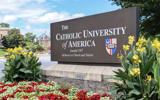 A sign on the campus of the Catholic University of America in Washington, D.C. (NCR photo/Teresa Malcolm)