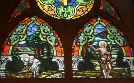 A stained glass image of Jesus the Good Shepherd is pictured at Jesus the Divine Word Church May 6, 2021, in Huntingtown, Maryland. (CNS/Bob Roller)