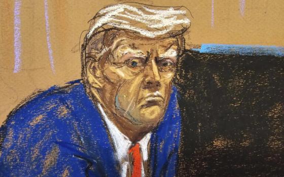Bright carciture sketch of Trump in court