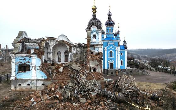 Church left in ruins in desolate countryside. 