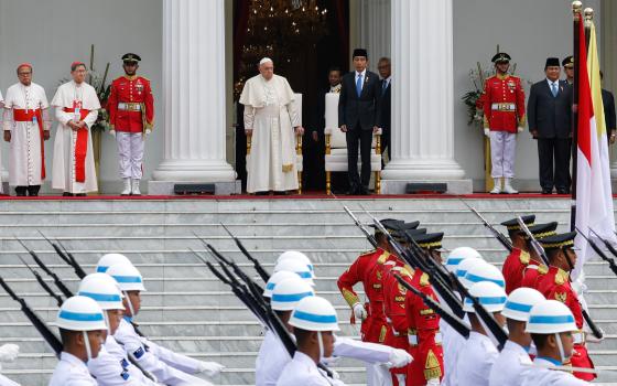 Pope Francis attends an official welcome ceremony with President Joko Widodo of Indonesia outside Merdeka Palace in Jakarta, Indonesia, Sept. 4, 2024. (CNS photo/Lola Gomez)