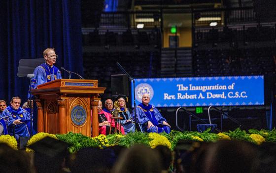 Holy Cross Fr. Robert Dowd speaks at his inauguration as the 18th president of the University of Notre Dame in Notre Dame, Ind., Sept. 13. (OSV News/University of Notre Dame/Peter Ringenberg)