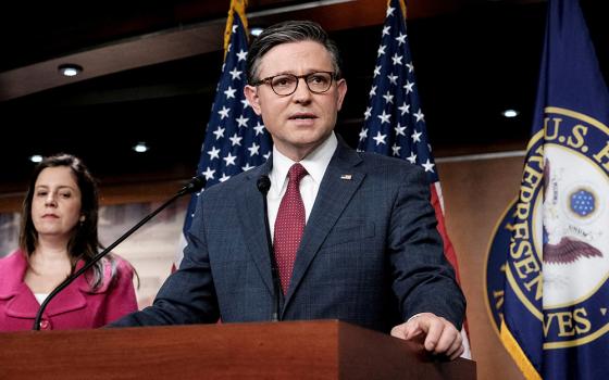 U.S. House of Representatives Speaker Mike Johnson (R-La.) speaks to reporters during a weekly press conference at Capitol Hill in Washington, on April 16. (OSV News/Reuters/Michael A. McCoy)