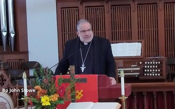 Bishop John Stowe of Lexington delivers a keynote address at the annual assembly of the Kentucky Council of Churches, which was held Oct. 17 at First United Methodist Church in Frankfort, Kentucky. (NCR screenshot/Facebook/The Kentucky Council of Churches)