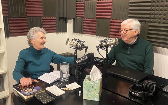 Benedictine Sr. Joan Chittister and former NCR editor Tom Roberts record the podcast "Risking the Questions." (Benetvision/Jacqueline Small)