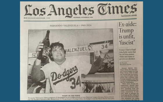 Los Angeles Dodgers pitcher Fernando Valenzuela, who died Oct. 22, celebrates after the Dodgers won the National League title over the Expos Oct. 19, 1981, in Montreal. Valenzuela, the Mexican-born Dodgers phenom, taped images of La Virgen de Guadalupe and El Santo Niño in his team locker. 