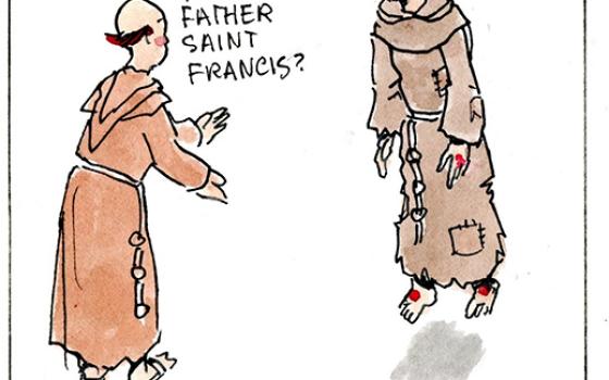 Francis, the comic strip: Brother Leo tries to introduce Francis to a special visitor.