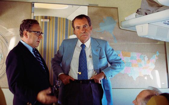 Then-U.S. President Richard Nixon and National Security Advisor Henry Kissinger stand on Air Force One during their voyage to China Feb. 20, 1972. Nixon won a second term following the 1972 general election. (OSV News/Richard Nixon Presidential Library handout via Reuters)