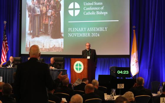 Bishop Robert Barron of Winona-Rochester, Minn., listens to a question from Archbishop Christopher Coyne of Hartford, Conn., during a Nov. 13, 2024, session of the fall general assembly of the U.S. Conference of Catholic Bishops in Baltimore. (OSV News/Bob Roller)