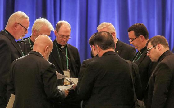 Bishops look over paperwork at the end of a Nov. 12 session of the 2024 fall general assembly of the U.S. Conference of Catholic Bishops in Baltimore. (OSV News/Bob Roller)