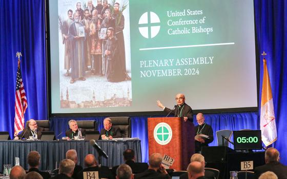 Bishop A. Elias Zaidan, chair of the U.S. bishops' Committee on International Justice and Peace, speaks about the upcoming 10-year anniversary of Pope Francis' encyclical "Laudato Si', on Care for Our Common Home" during a Nov. 13 session of the 2024 fall general assembly of the U.S. Conference of Catholic Bishops in Baltimore. (OSV News/Bob Roller)