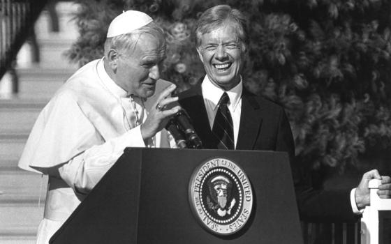 St. John Paul II addresses a press conference with President Jimmy Carter in the Rose Garden at the White House Oct. 6, 1979. (OSV News/CNS file/Chris Sheridan)