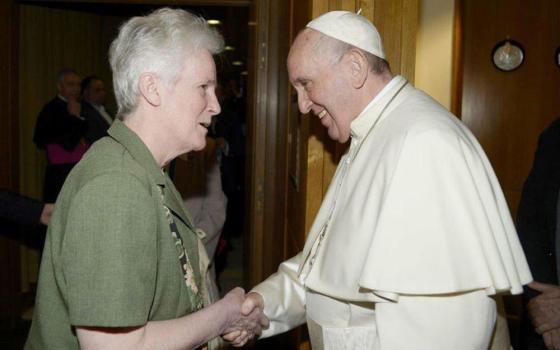 Sr. Nancy Brown met Pope Francis in April 2019 at the International Conference on Human Trafficking in Rome to introduce and study Pastoral Orientations on Human Trafficking. (Courtesy of Nancy Brown)