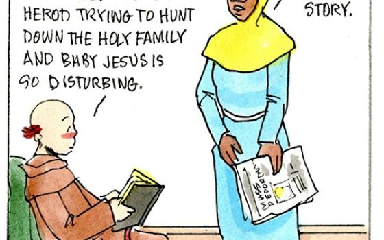 Francis, the comic strip: Brother Leo and Gabby discuss how the story of Herod hunting down the Holy Family resonates today.  