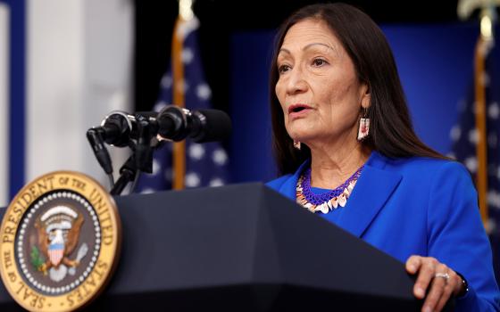 U.S. Interior Secretary Deb Haaland addresses the Tribal Nations Summit from an auditorium on the White House campus in Washington Nov. 15, 2021.