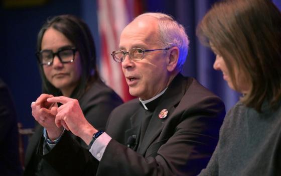 Seitz shown with two others sitting on panel and speaking.