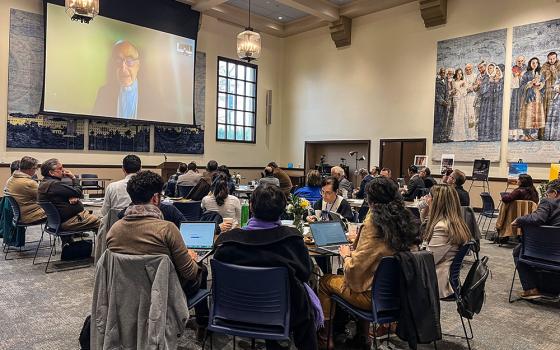 Jesuit Cardinal Michael Czerny, prefect of the Vatican's Dicastery for Promoting Integral Human Development, delivers a keynote address via video at the event “Synodality in America: People on the Move, Dialogue, and New Contexts,” a Portman Endowment eathering of the Ecclesia in America Network held at the University of San Diego. (Luis Donaldo González)