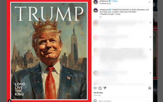 On Feb. 19, the official White House Instagram account posted a picture reminiscent of a Time magazine cover. It displays "TRUMP" across the top of a stylized image which features a smiling Donald Trump wearing a crown, and reads "LONG LIVE THE KING." (NCR screengrab)