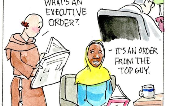 Francis, the comic strip: Gabby and Brother Leo discuss the ramifications of executive orders.